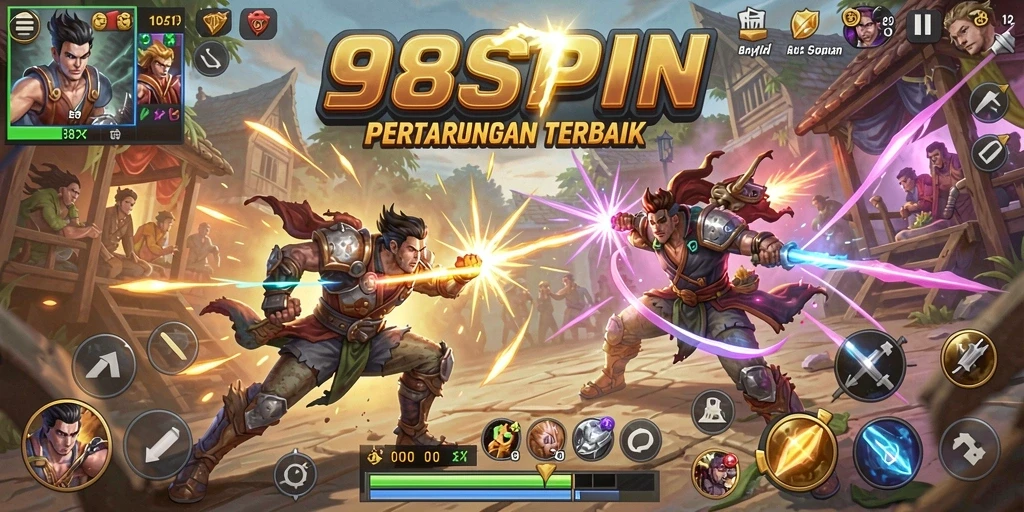 Gameplay mendebarkan dalam pertarungan Battle Royale 98SPIN.