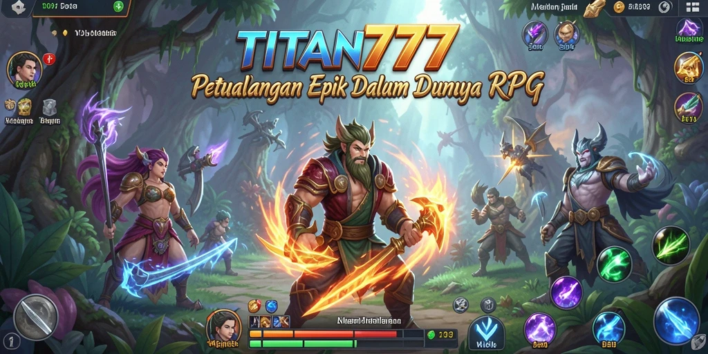 Screenshot gameplay TITAN777 menampilkan pertempuran epik di dunia RPG yang luas.