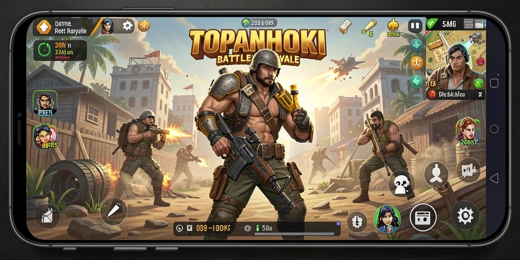 Screenshot gameplay TOPANHOKI menampilkan aksi Battle Royale yang seru dan mendebarkan.